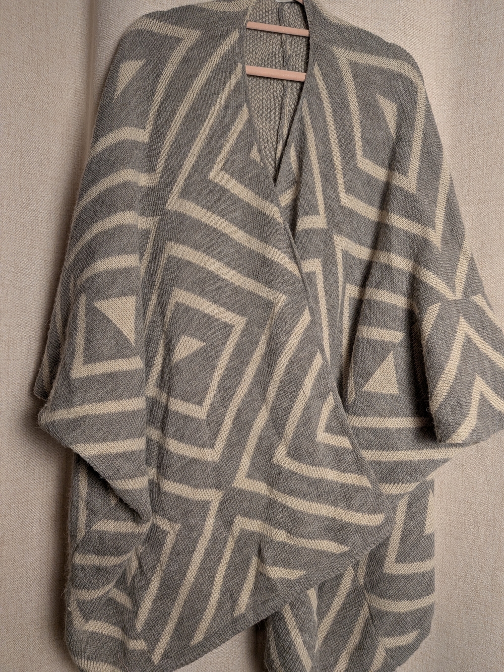 Italian Wool Alpaca Geometric Poncho Cape Gray Cream Boho